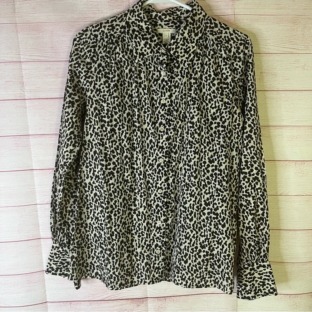 J. Crew 100% Cotton Brown Animal Print Long Sleeve Button Down Shirt Size 6
